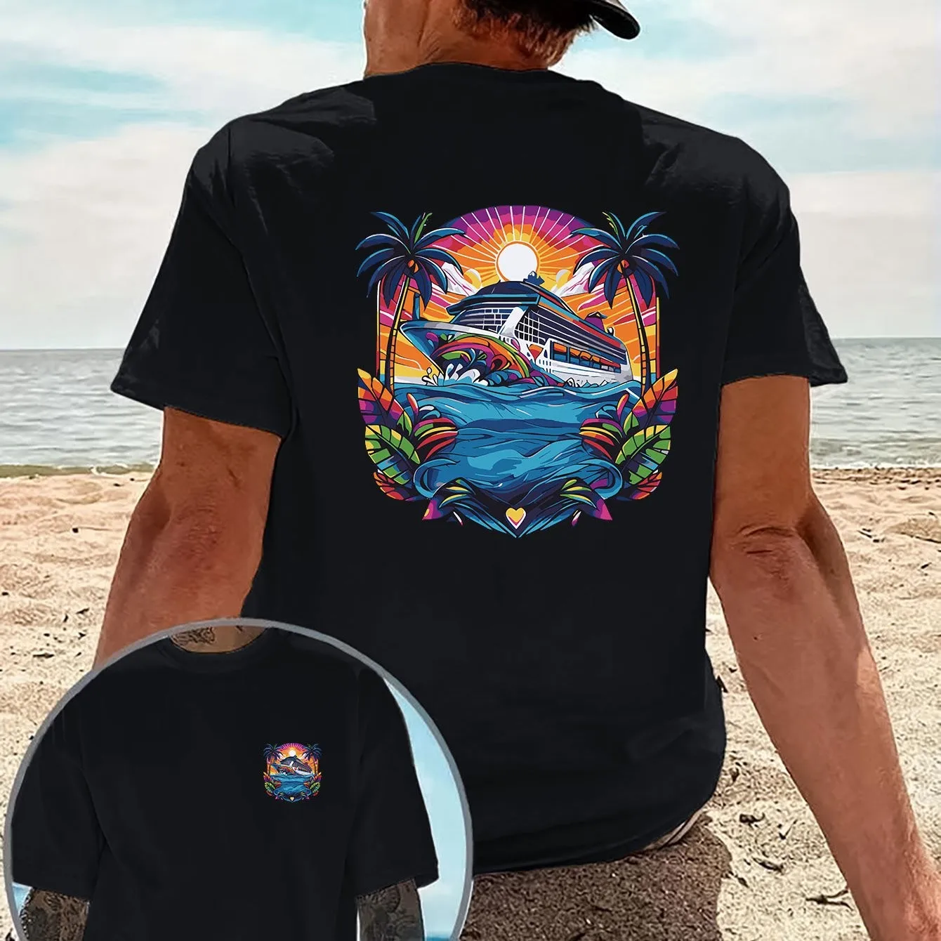 Tropical Cruise Ocean Scenery Print Men's Casual T-Shirt Double-Sided Short Sleeve Vacation Top