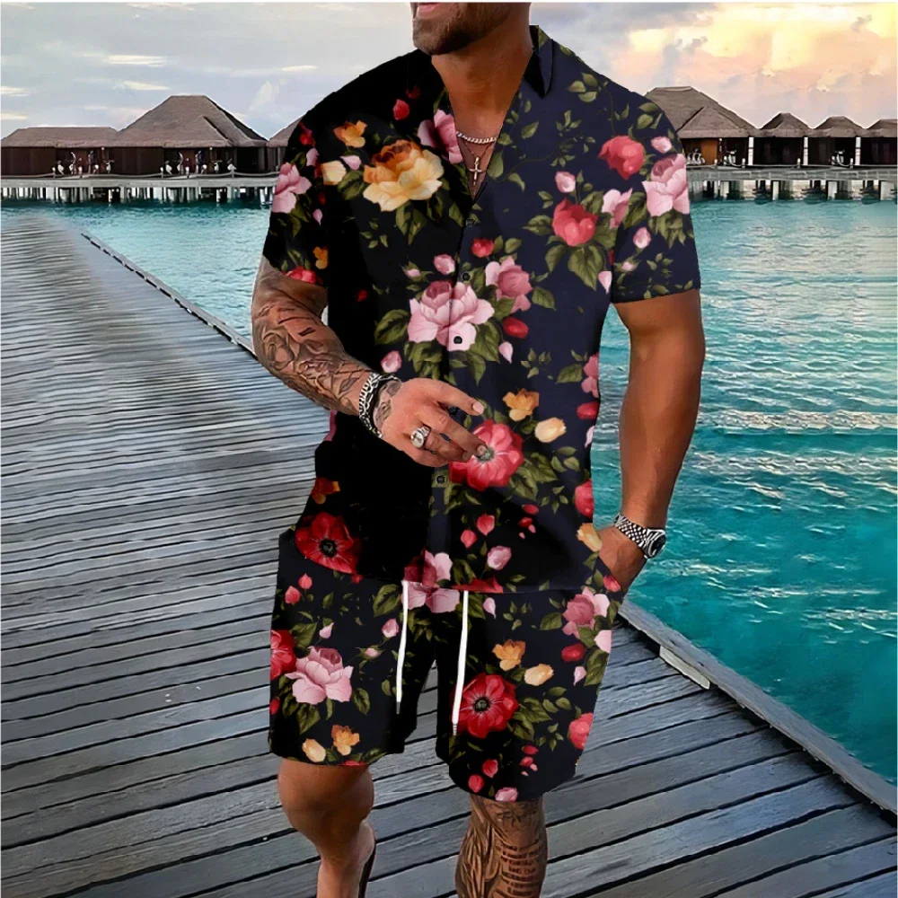 Hawaiian Palm Tree Florals Button Shirts Shorts Sets Colors Flower Streetwear Brand Tracksuits Casual Beach Men Clothing