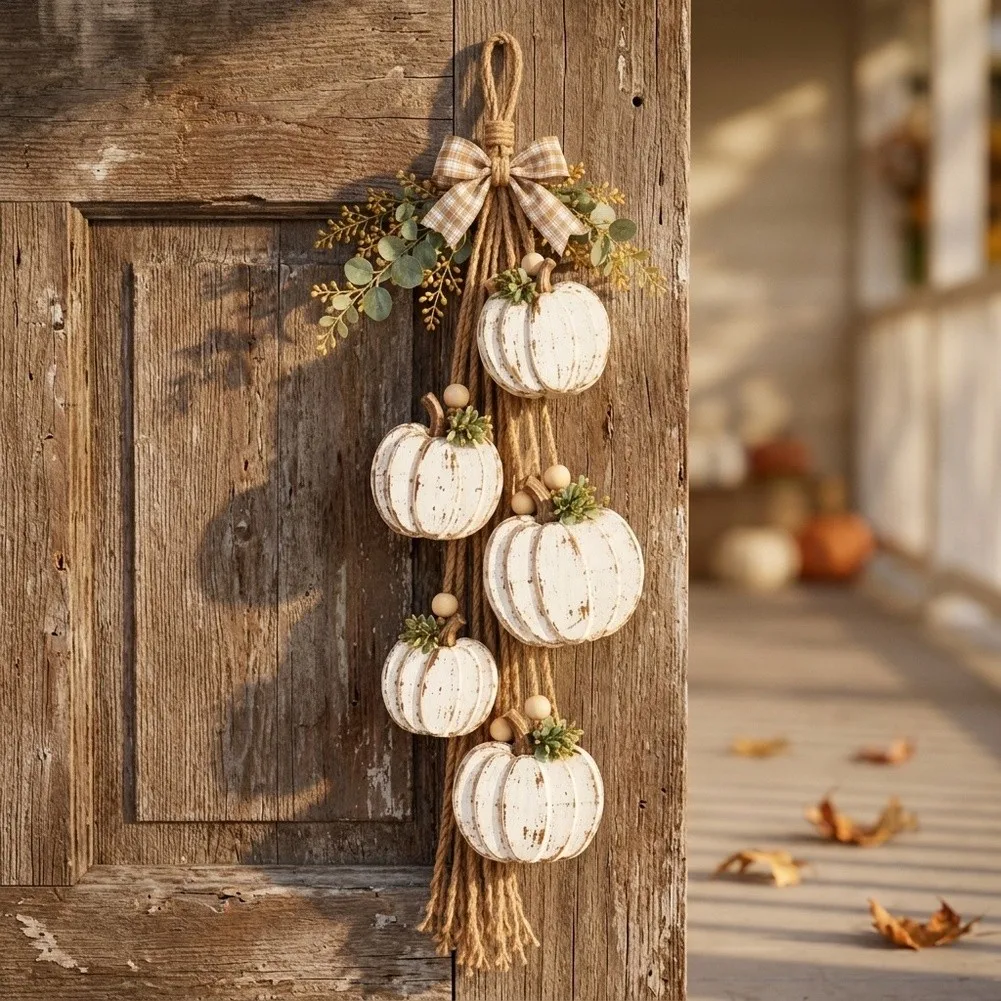 22.8 Inch Vertical Pumpkin Hanging Wall Decor With Rope Loop And Layered Foliage For Seasonal Door Entryway Porch Decoration