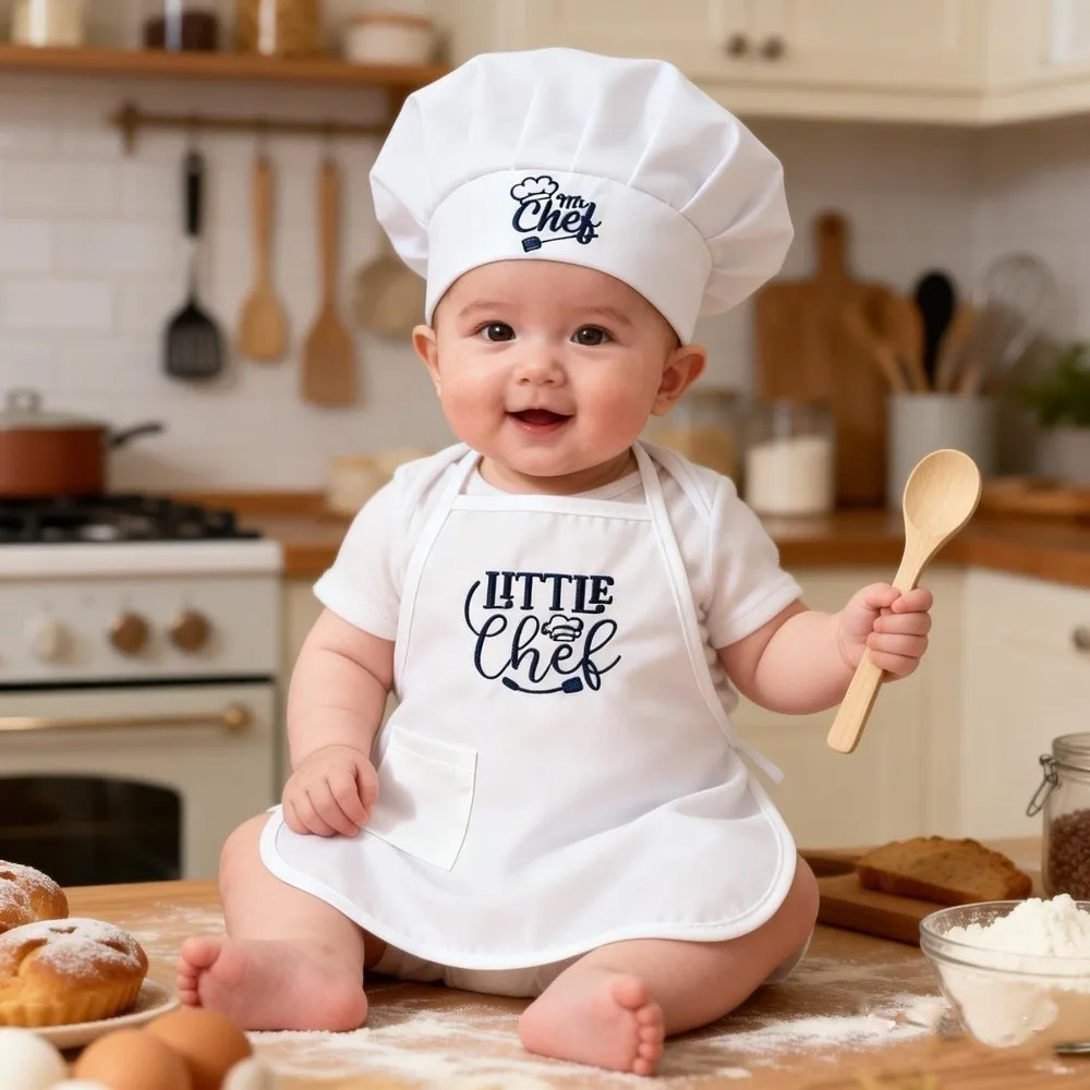 

2Pcs/Set Soft Newborn Photography Clothes Embroidered Polyester Bbay Photography Props Set Cute Aprons Chef Hats Set
