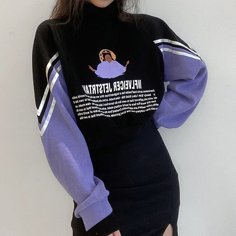 Autumn Winter Print Hooded Hip-hop Women's Korean Plus Thick High-neck Stitching Short Sweatshirt Streetwear Baggy Pullover
