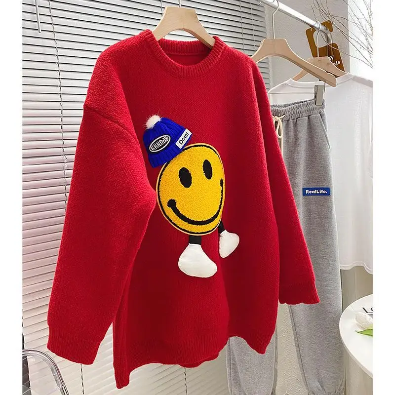 2023 New Women\'s Coat Smiling Face Sweater Knit Tops Plus Size Autumn Clothing Pullovers Korean Style Clothes Sweaters Jumpers