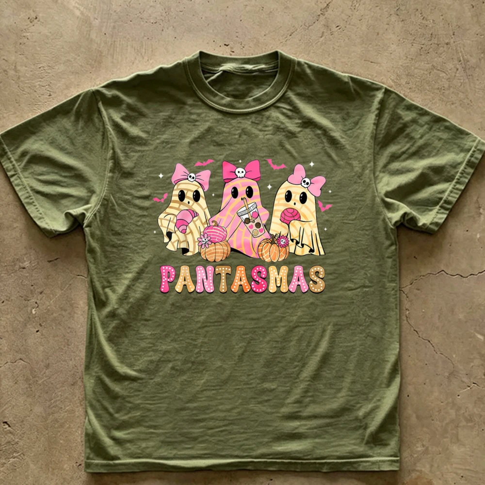 Cute Pantasmas Ghosts T‑Shirt Mexican Concha Ghost Pink Bows Coffee Drink Pumpkin Bat Pastry Lover Spanish Coquette Cotton Tees