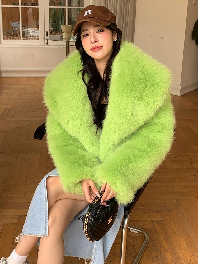 DEAT Fashion Women\'s Faux Fur Coat Lapel Loose Long Sleeve Fluorescent Green Thick Warm Imitation Fox Fur Jacket Winter 2024 New