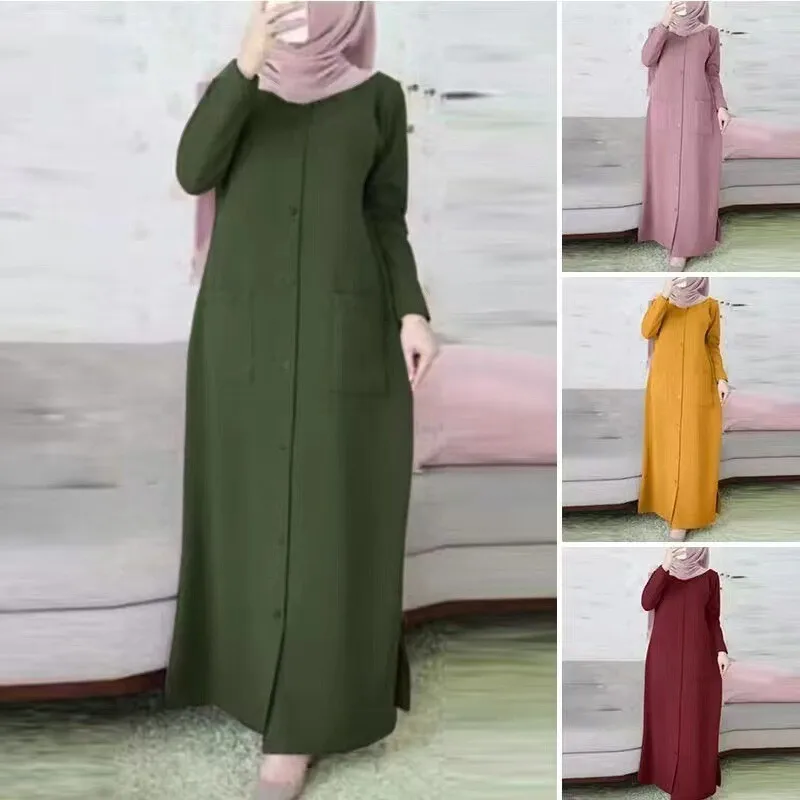 

Solid Color Loose Long Sleeve Long Dress Women's Fashion Robe Muslim Long Dress Robe Abaya Ramadan Dubai Luxury Islam Elegant