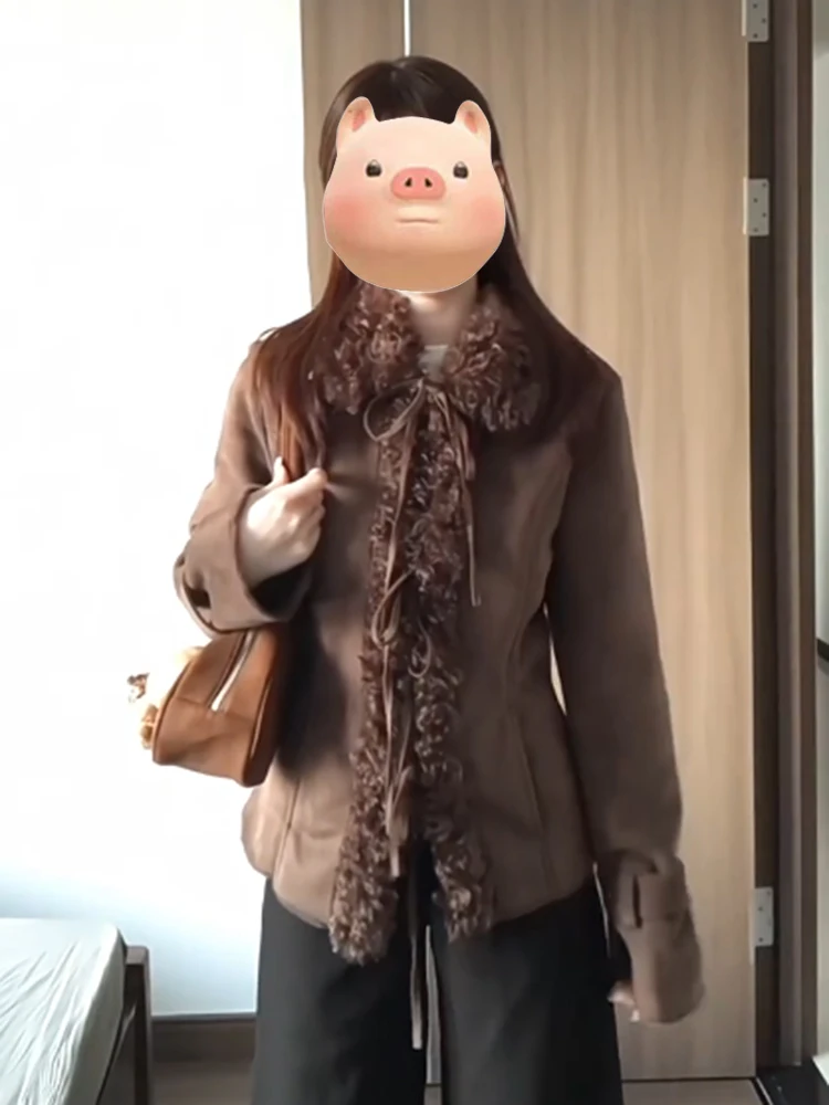 

Женское приталенное пальто Sli ort Slim Fit с меховым воротником в стиле ретро, осенне-зимняя новинка, сексуальное и шикарное, от китайского бренда, из полиэфирного волокна