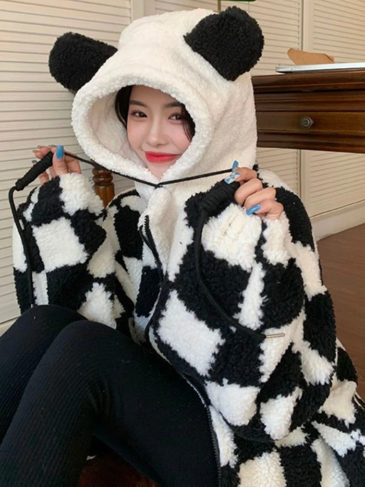 2023 Kawaii Zip Up Loose Punk Hoodies Women Winter Thicken Checkerboard Harajuku Bear Ears Cute Female Sweatshirt Oversized Coat
