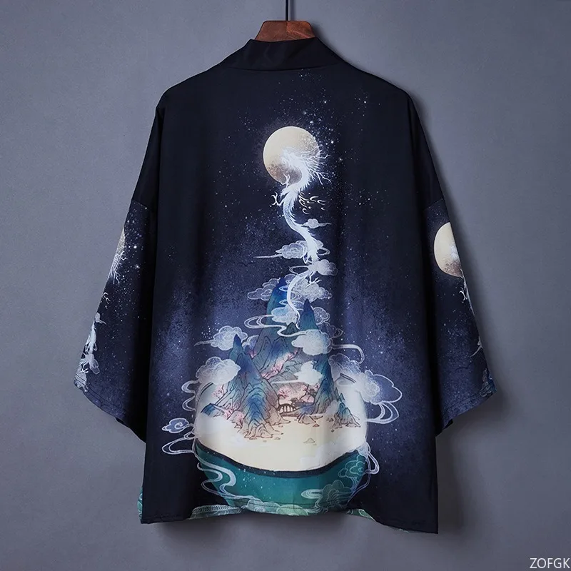 كيمونو كيب مطبوع على الطراز الصيني هاراجوكو هاوري مع ياقة مفتوحة للرجال والنساء، سجادة مموجة فضفاضة مطبوعة