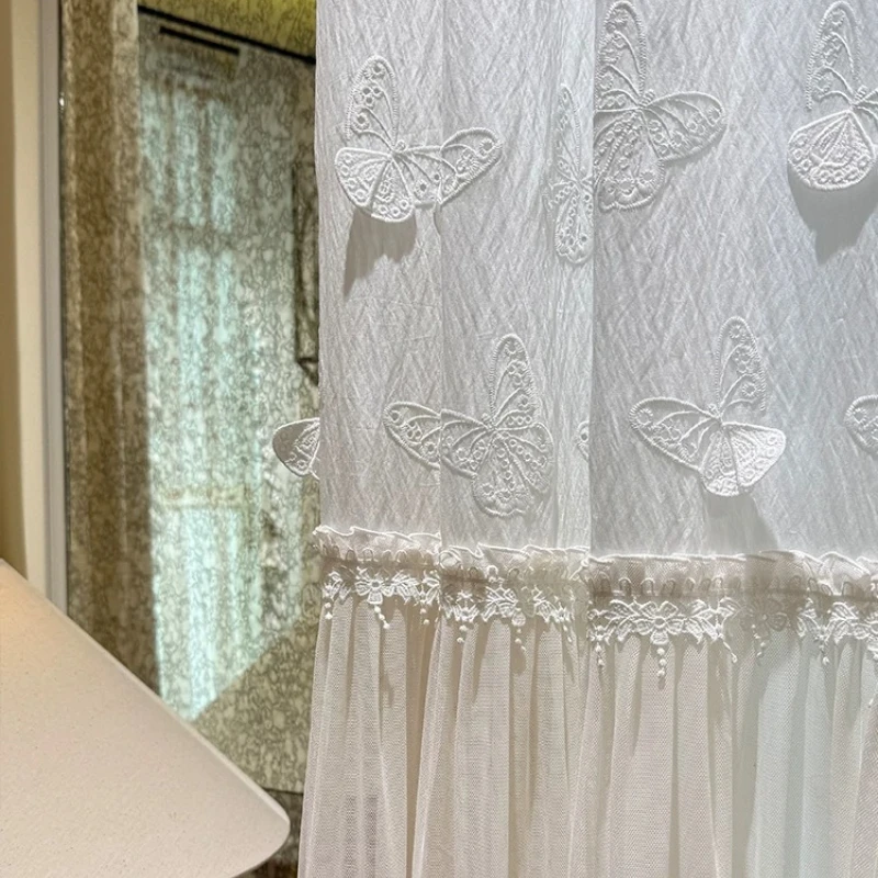 Skirt Gauze French Cream Butterfly Embroidery Skirt Window Gauze Living Room French Window Customized Balcony White Tulle