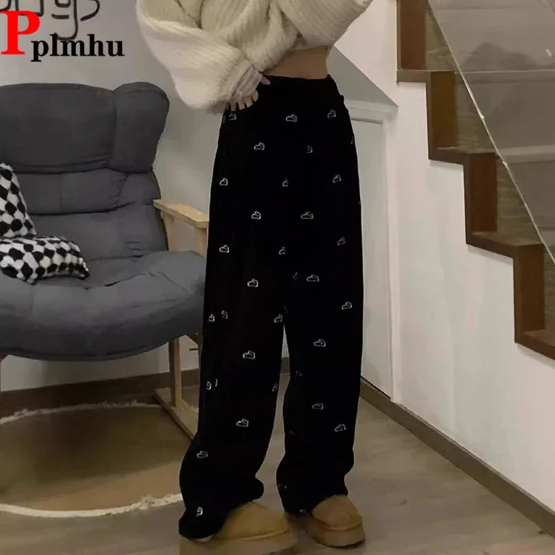 

Winter Korea Print Wide Leg Pants Fashiaon Black Baggy Spodnie Casual Elegant Women Trousers High Waist Velvet Lined Pantalones