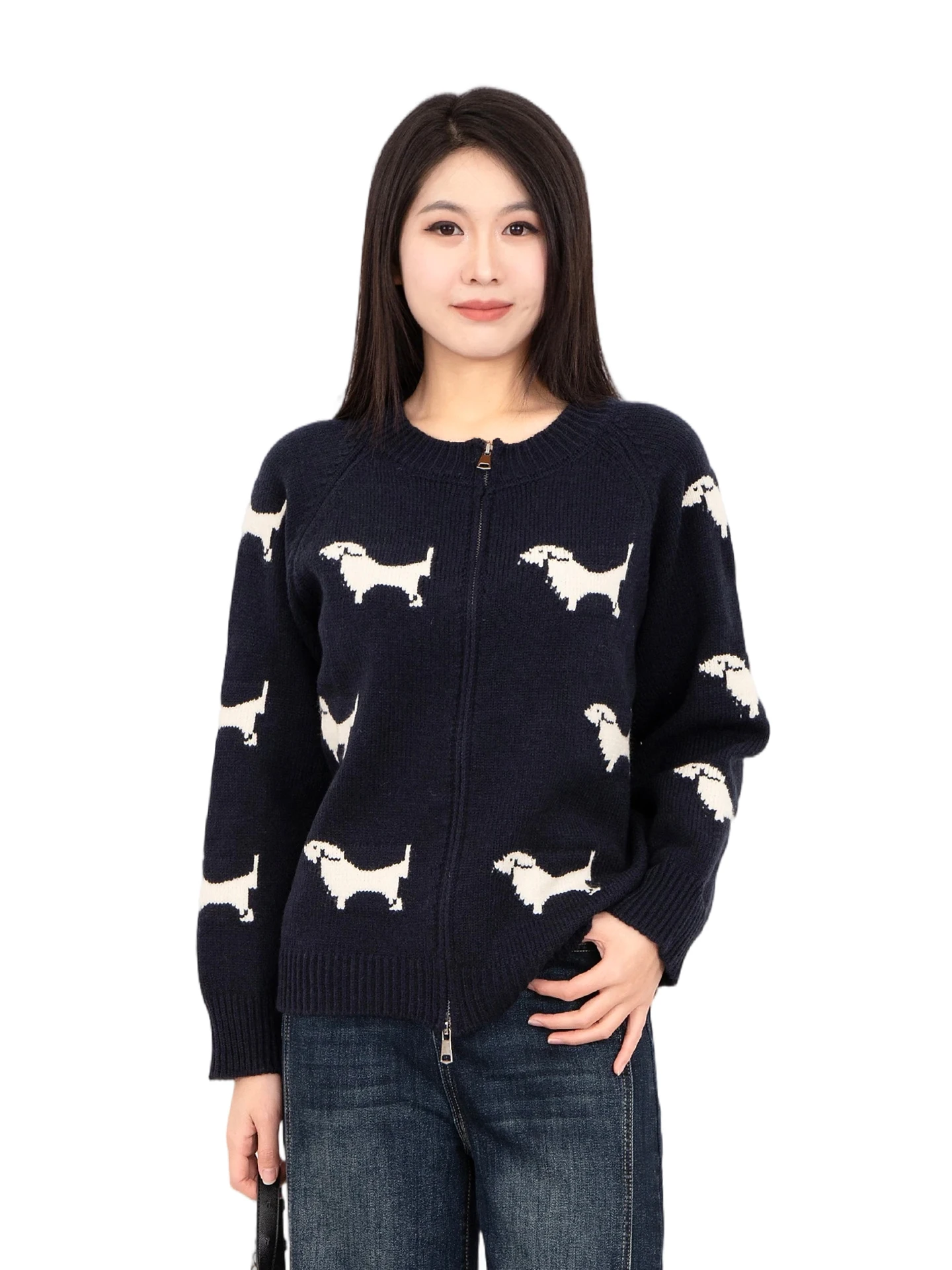 

2026 New plus Size Embroidered Lazy High-End Knitwear Women's Fat MM Dog Flower Long Sve round Ne Zipper Sweater
