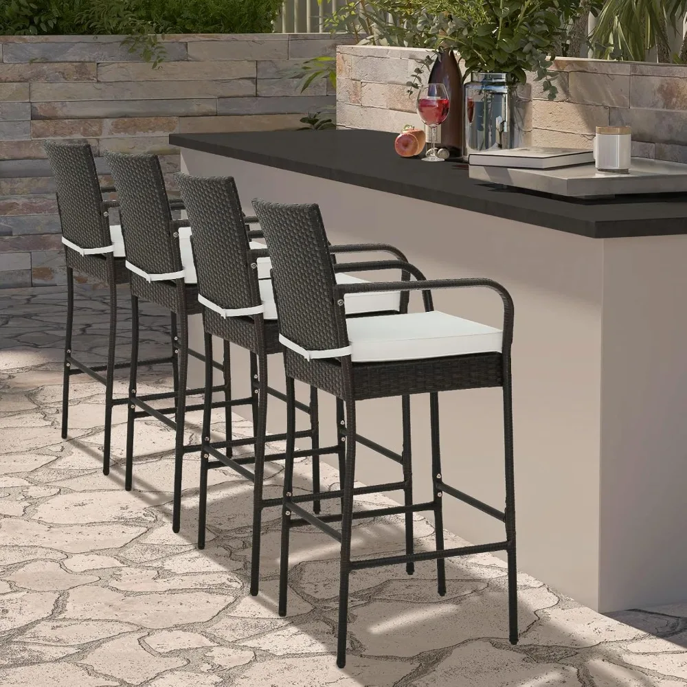 

Wicker Bar Stools Set of 4, Patio Bar Height Chairs with Cushions, Armrests and Footrests, Outdoor Rattan Barstools for Backyard