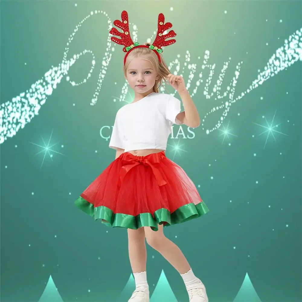 With Antler Headband Christmas TUTU Skirt Set for 2-Piece Set Mesh Christmas Party Performance Outfit Girls Performance Outfits