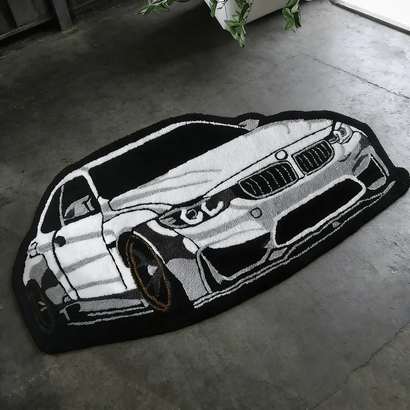 VIKAMA Sports Car Shaped Fluffy Rug Cool Modified Racing Car Pattern Non Slip Floor Mat Bedroom Game Room Home Decor