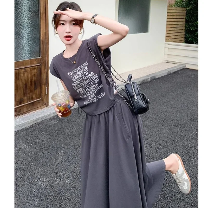 2025 letnie dorywczo szare litery bez rękawów t-shirty długie spódnice dwuczęściowe garnitury moda damska krótka kamizelka spódnica stroje