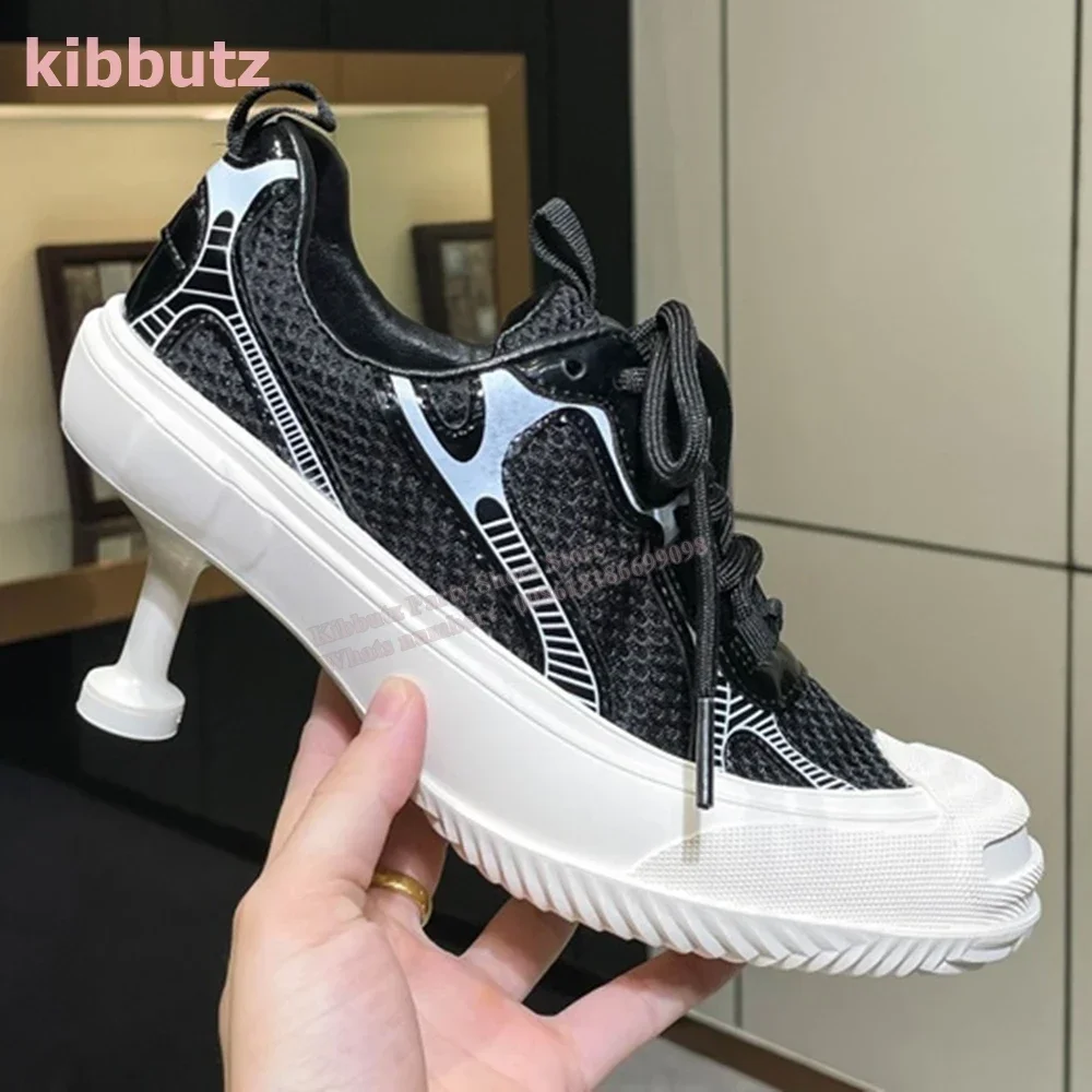 Patchwork Thin Heels Sneakers Round Toe Lace-Up Novelty Sexy Luxury Mixed Color Fashion Runway Show Comfortable Women Shoes New