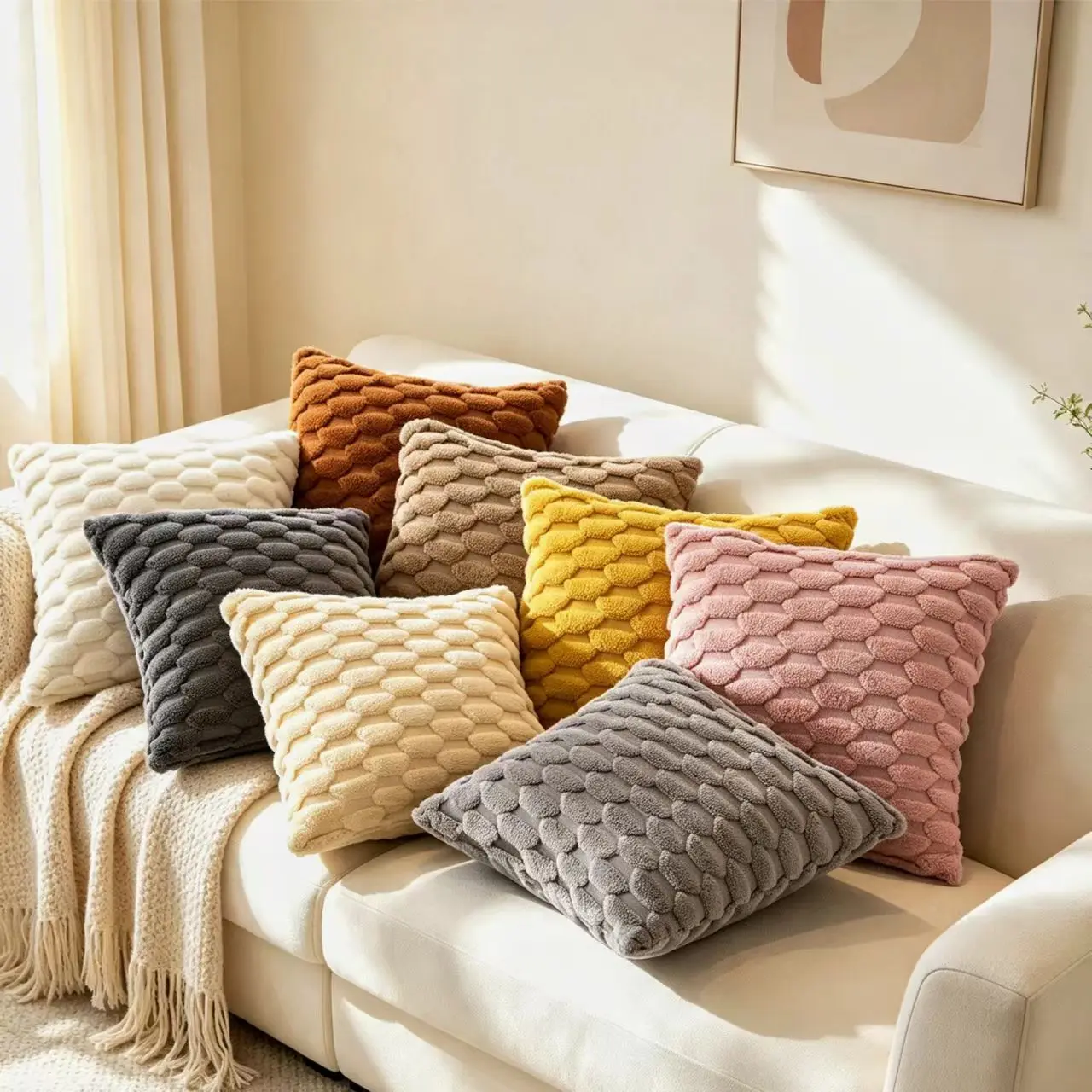 2Pcs 17×17inch Honeycomb 3D Embossed Fuzzy Plush Pillow Covers,Textured Square Decorative Cushion Pillowcases For Living Room