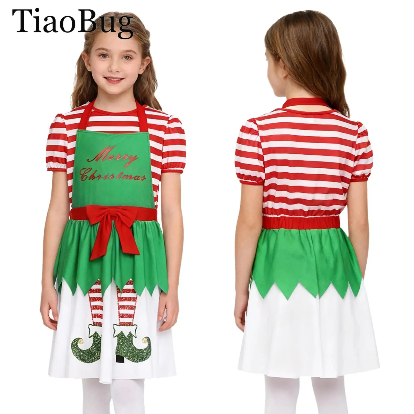 

Girls Christmas Elf Costume Set Candy Cane Striped Short Sleeve Bowknot Cartoon Xmas Santa Claus Elf Print Dress Stage Dancewear