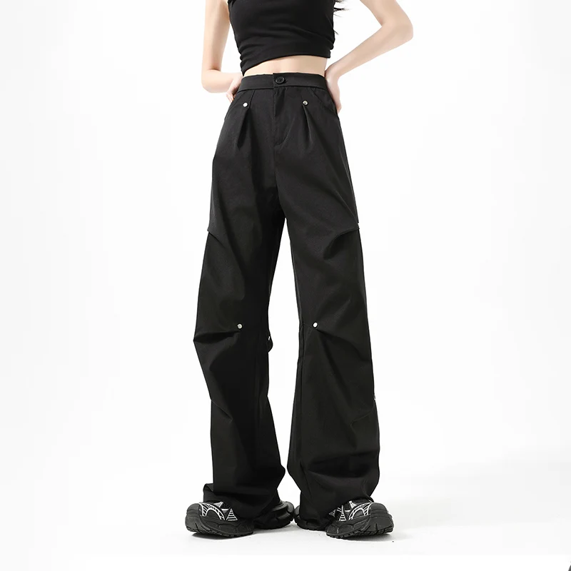 جديد 2025 سراويل البضائع الأمريكية برشام الشارع للنساء سراويل أنيقة فضفاضة واسعة الساق للخريف سراويل رياضية غير رسمية للركض للسيدات