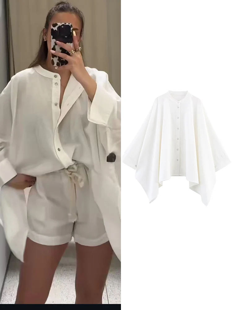 

TFMLN шикарная рубашка-плащ для женщин, новинка 2025 года, однобортная блузка с воротником-стойкой, модная однотонная рубашка с длинным рукавом, топы