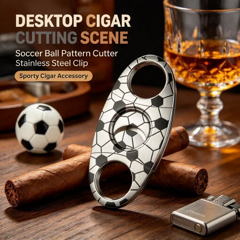 Football Patterned Stainless Steel Cigar Cutter Gift Set With Leather Case, Complete Portable Smoking Accessory Kit Cigar Lovers