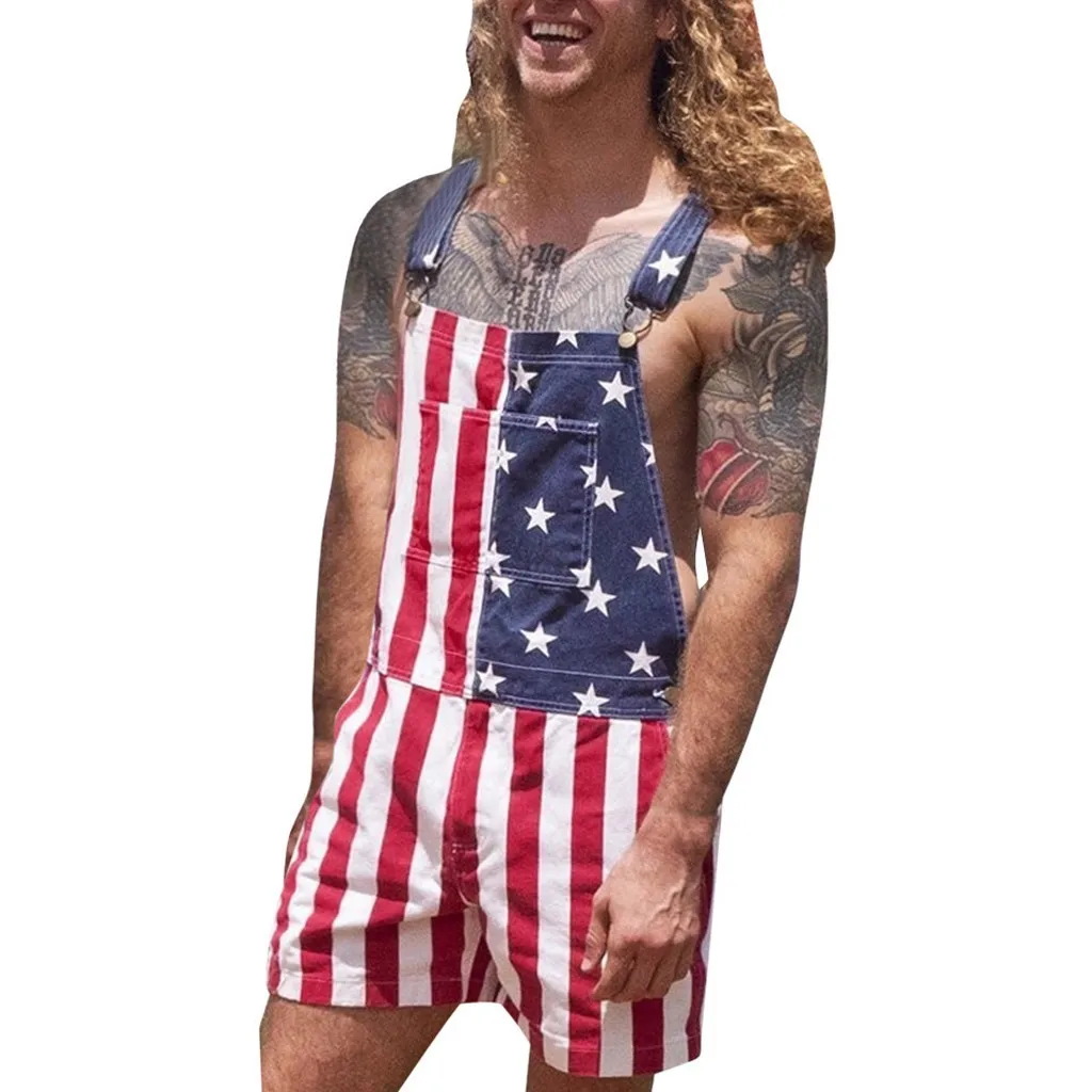 Print USA Flag Men's Jumpsuit Bib Pocket Fashion Mens Overalls Independence Day Casual Short Jumpsuit Summer Men's Overalls