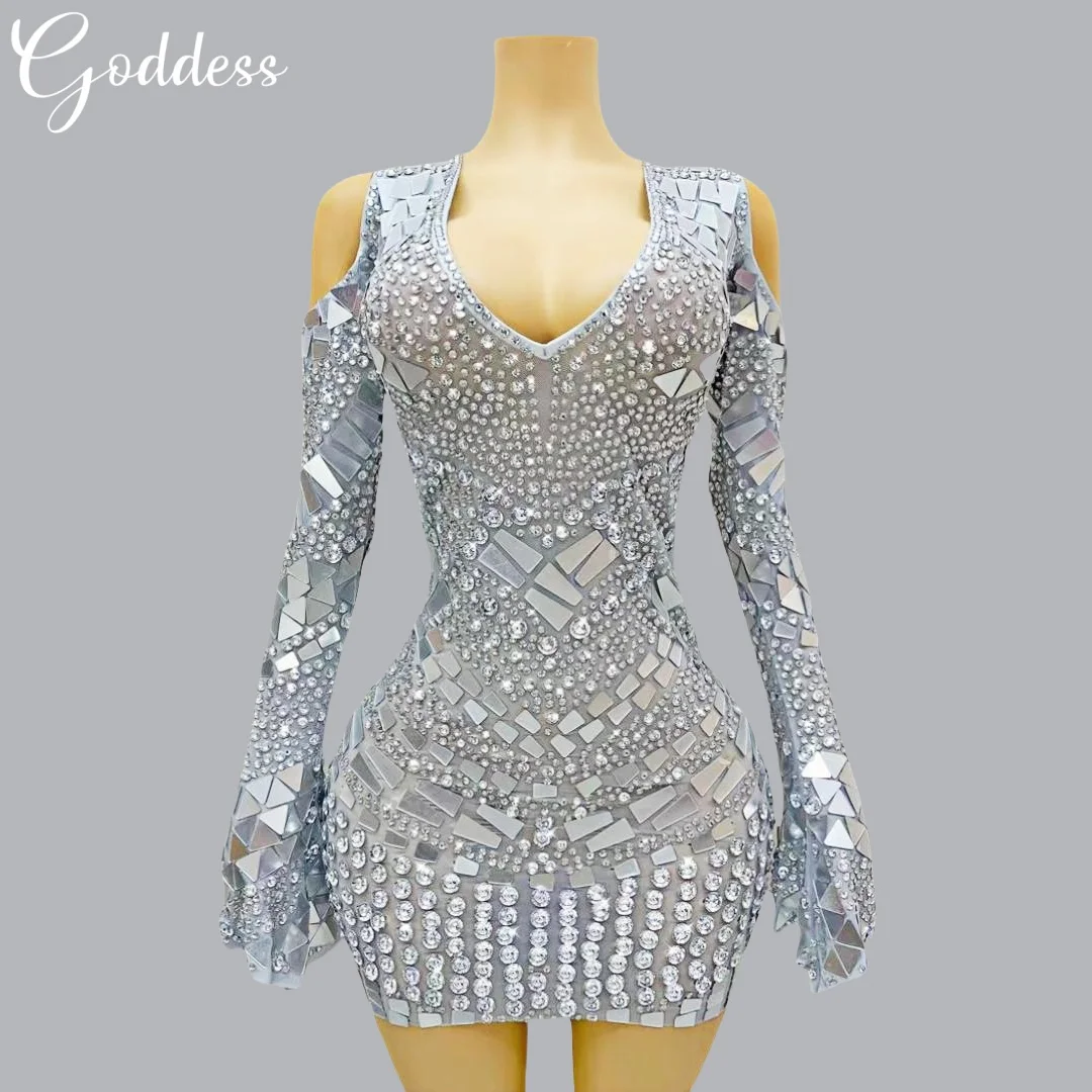 

Sparkly Rhinestones Mirrors Sexy Short Dress Women Singer Nightclub Prom Mesh Celebrate Birthday Party Dress Photo Shoot Costume