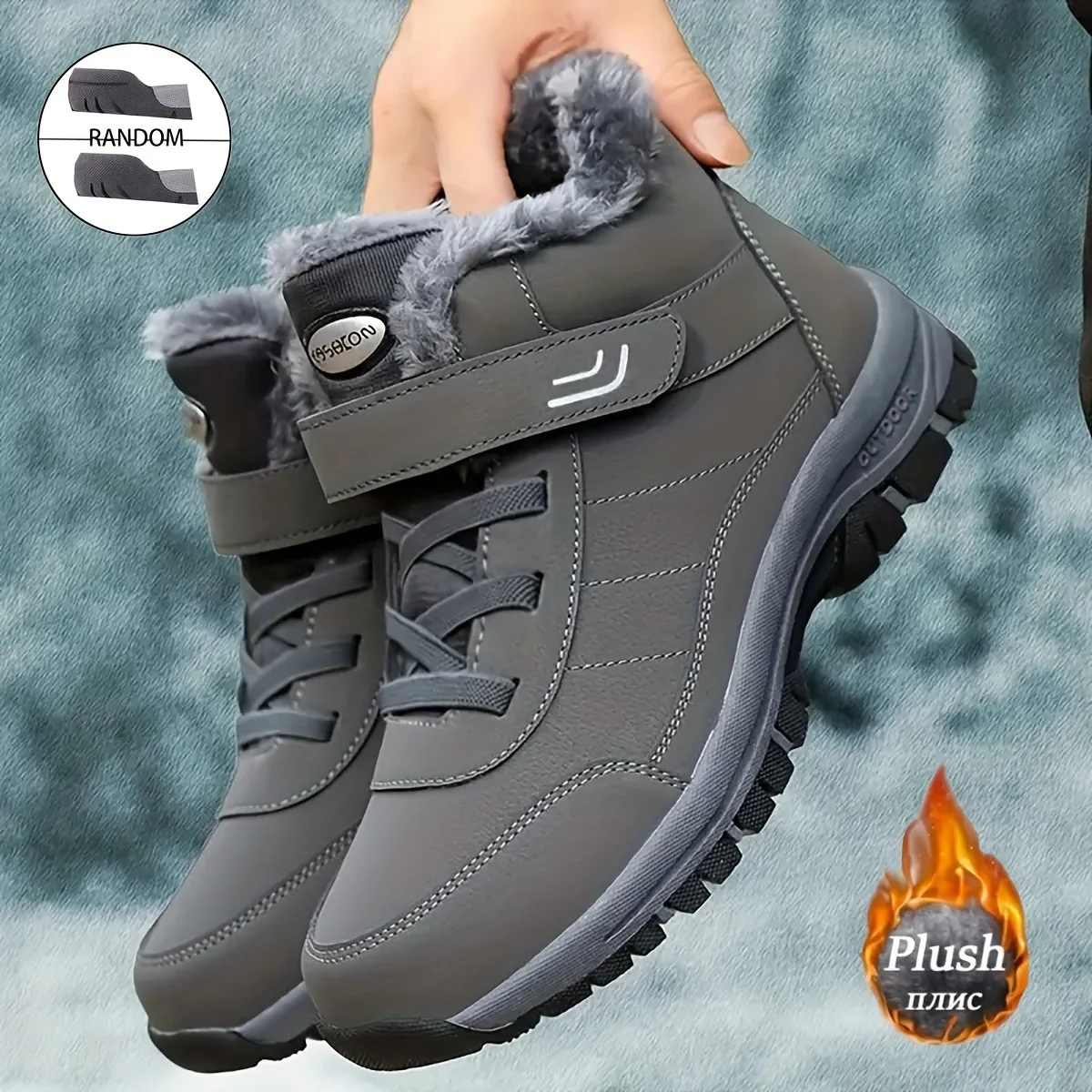 Damen-Knöchel-Winterstiefel aus PU, wasserabweisend, mit Plüschfutter, Klettverschluss, rutschfeste flache Sohle, warme Outdoor-Freizeitstiefel. – Detail 3