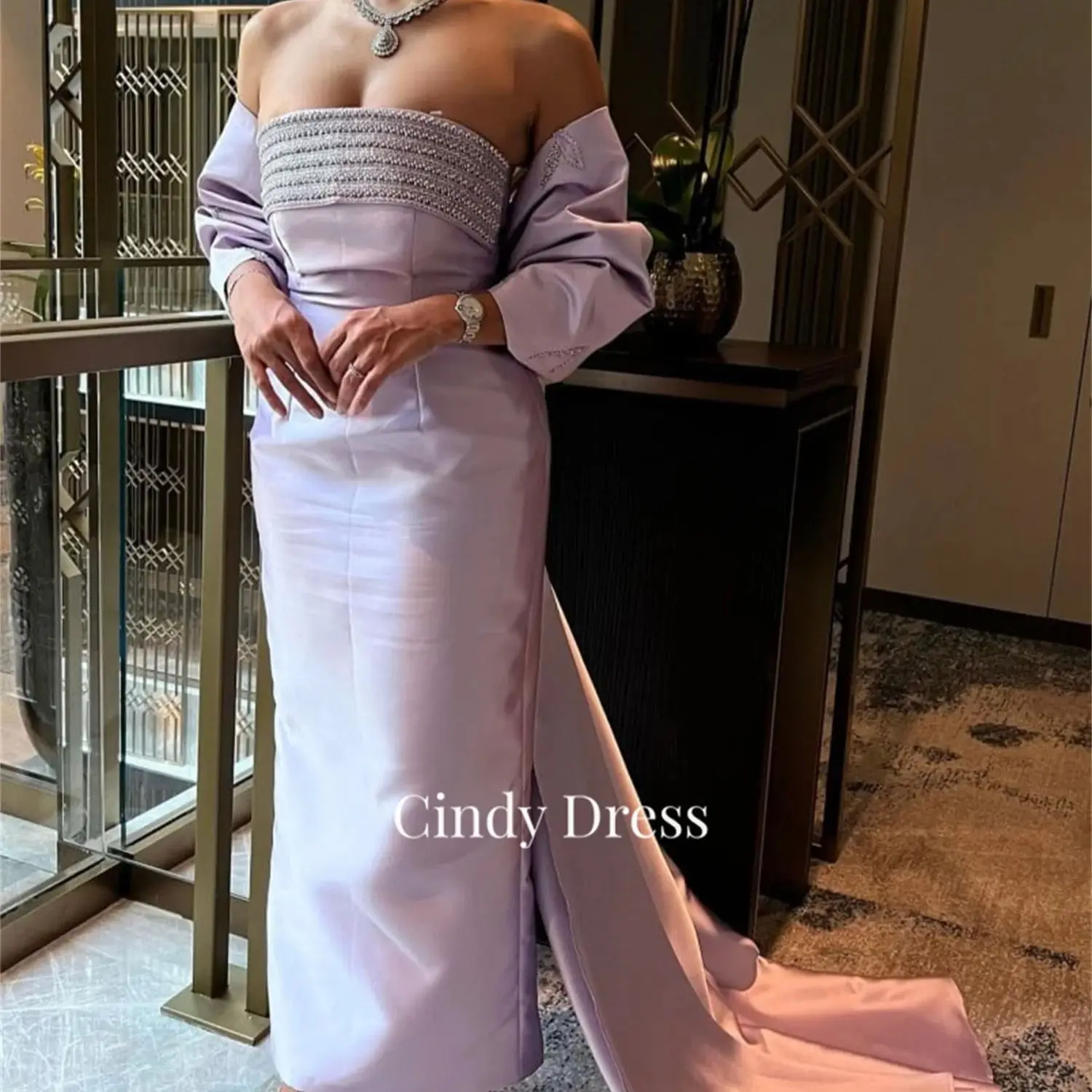 

Cindy Grace Dress Party Evening Elegant Luxury Celebrity Off the Shoulders Wedding Bow Tie Long Dresses Satin Women's Luxurious