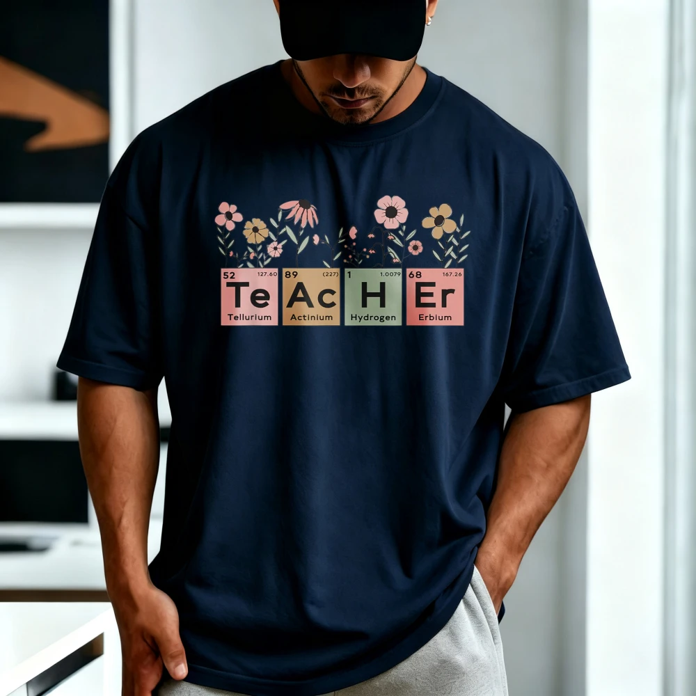 Science Teacher Periodic Table Floral Graphic Pinted T-Shirt Cotton Crew Neck Short Sleeve Casual Chemistry Gift Clothing