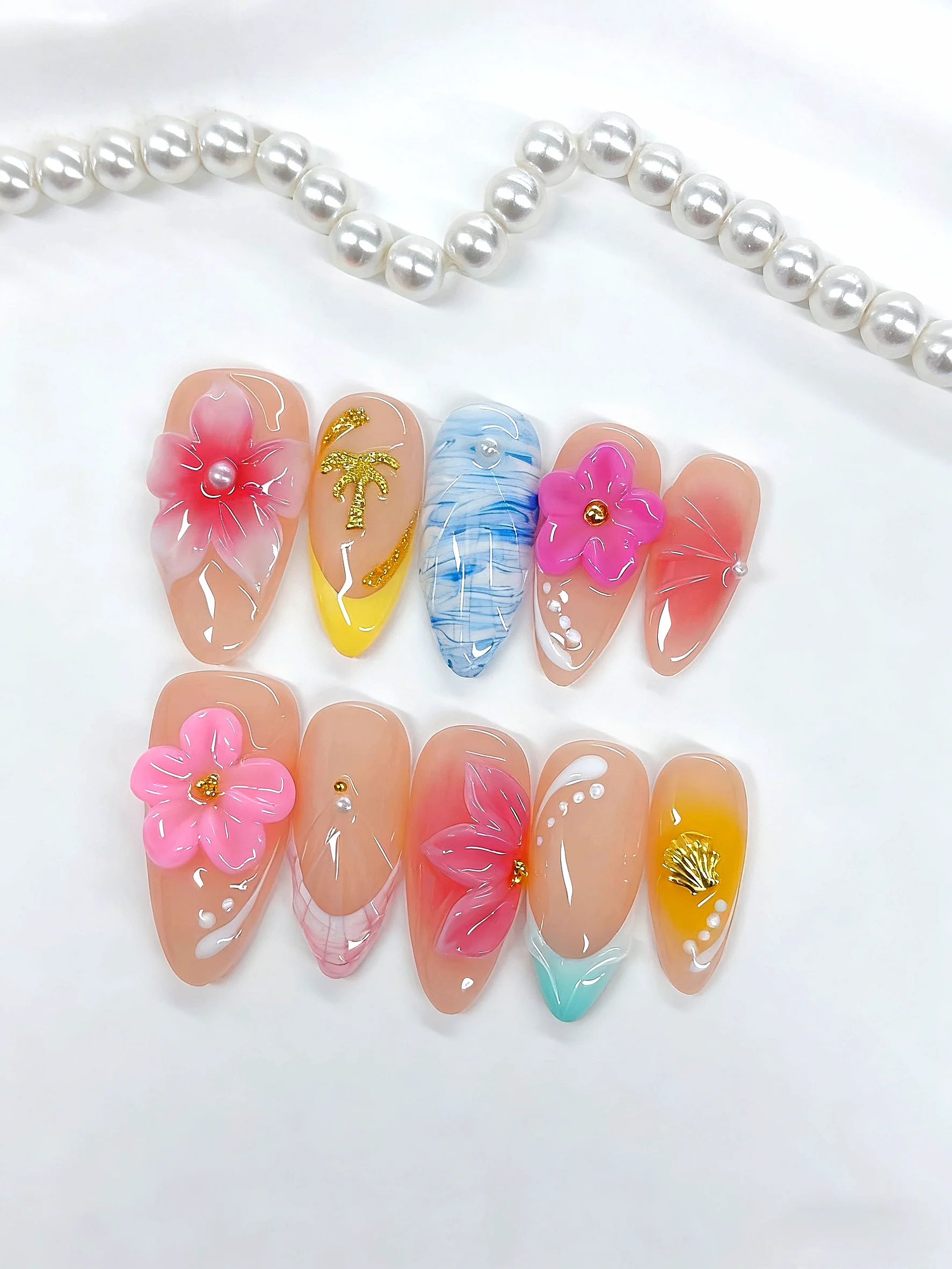 Prensa para paraíso tropical nas unhas - elementos florais e de praia (D534)