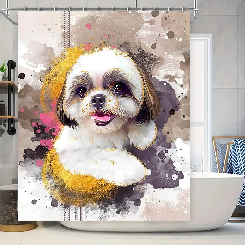 

Luxury Oil Painting Dog Print Shower Curtain Waterproof Bathroom Decor Home Decoration Pink Tongue Shih Tzu Design Artistic Pet