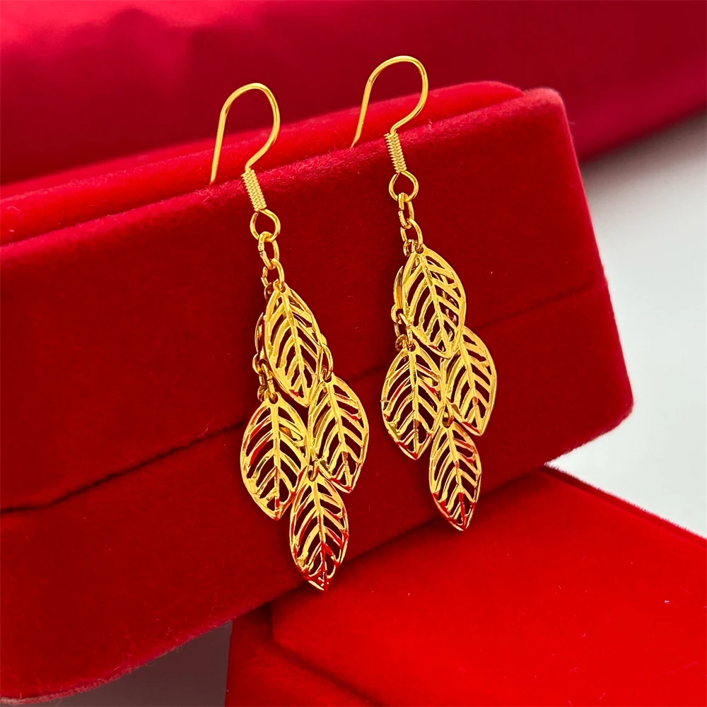 Gold Plated Flower Leaf Bead Drop Earrings for Women Stainless Steel Long Tassel Earing Pendientes Mujer Trendy Jewelry Gifts