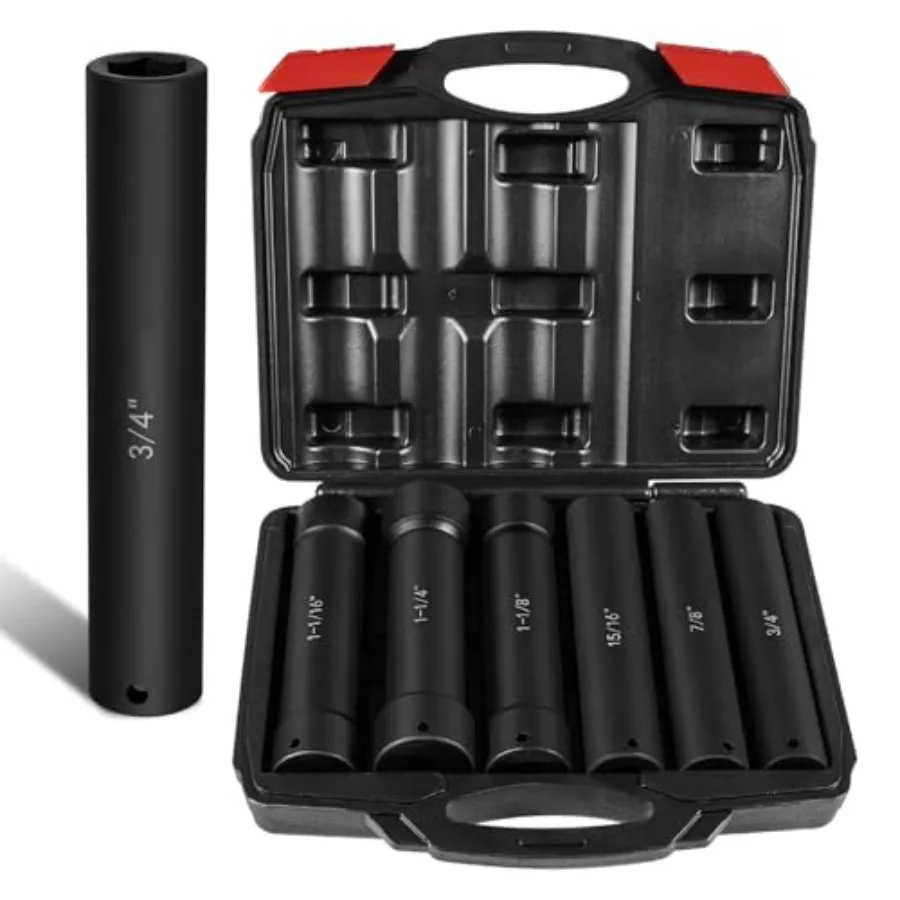 

1/2 Inch Drive Extended Length Impact Socket Set 6Pcs Extra Deep Socket Set Kit Includs Hex Sizes 3/4" 7/8" 15/16" 1-1/16" 1-1/