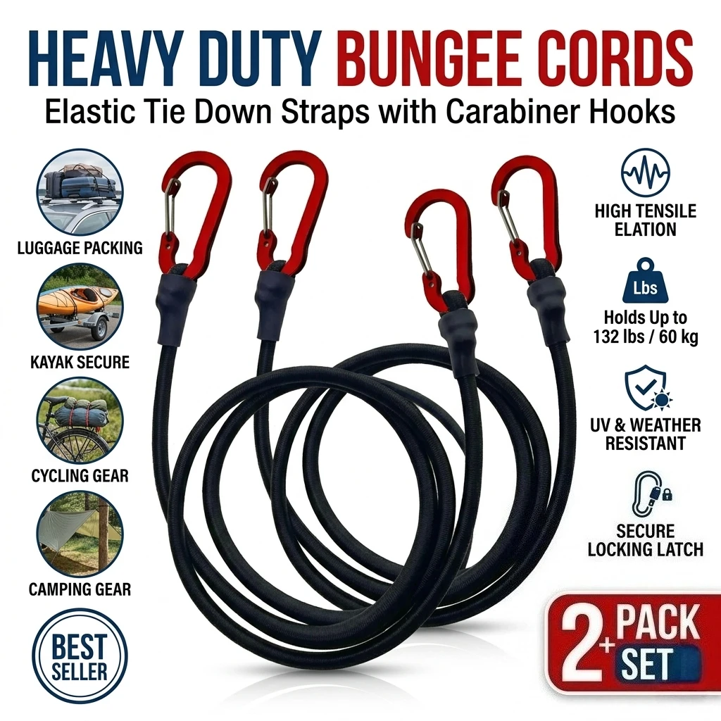 Heavy Duty Bungee Cords 1/2Pcs Elastic Tie Down Strap With Carabiner Hooks Luggage Packing Rope Kayak Cycling Camping Gear