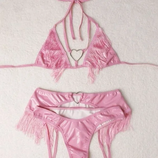 

2025, розовый купальник с бретельками и открытой спиной, разделенный на бретельках, сексуальный комплект бикини с вырезом и кисточками