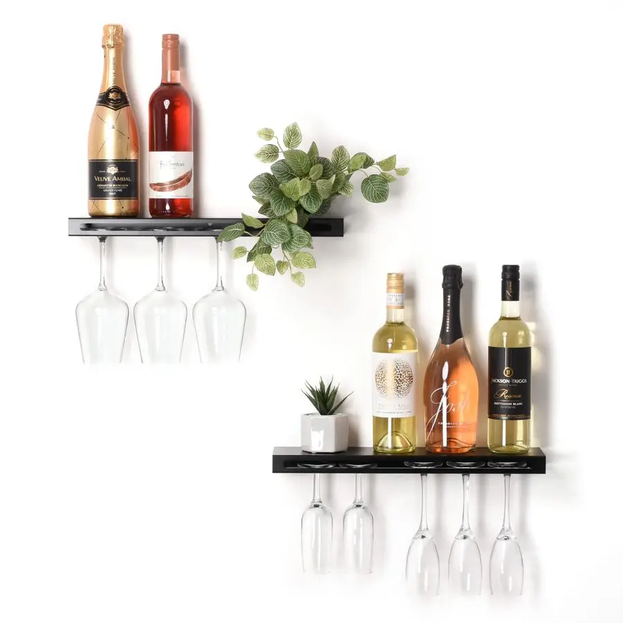 

Wall Mounted Wine Rack Metal Floating Bar Shelf with Bottle and Glass Holder, Holds 5 Bottles and 46 Glasses