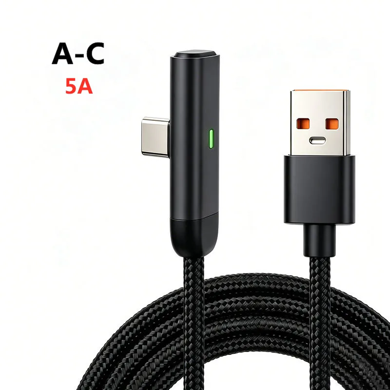 Kabel USB A do Type C z nylonową oplotką, kątowy 90 stopni, 5A 66W, szybkie ładowanie, 1m/2m/3m, do iPhone, Samsung, Huawei