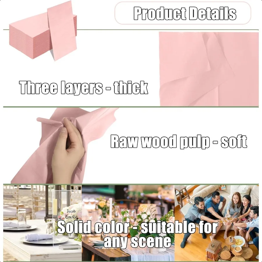 50 piezas de servilletas de papel de color rosa claro de 3 capas, toallas para invitados de 13x15,7 pulgadas, toallas de mano de papel para baño, cocina, boda