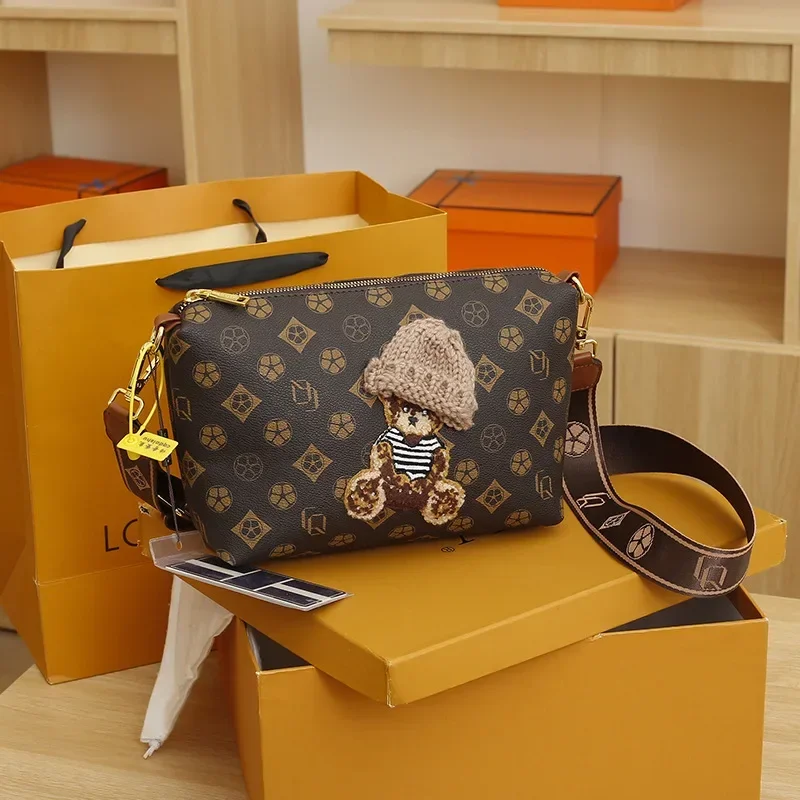 

2025 New Trend! Monogram Print Crossbody Bag for Women - Wide Strap Adjustable Shoulder Bag with Cute Classic Bear Design