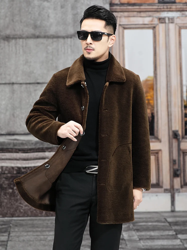 2023 Men's Winter Fashion Long Turn-down Collar Coats Male Genuine Lambswool Jackets Men Thick Warm Real Fur Outerwear P503