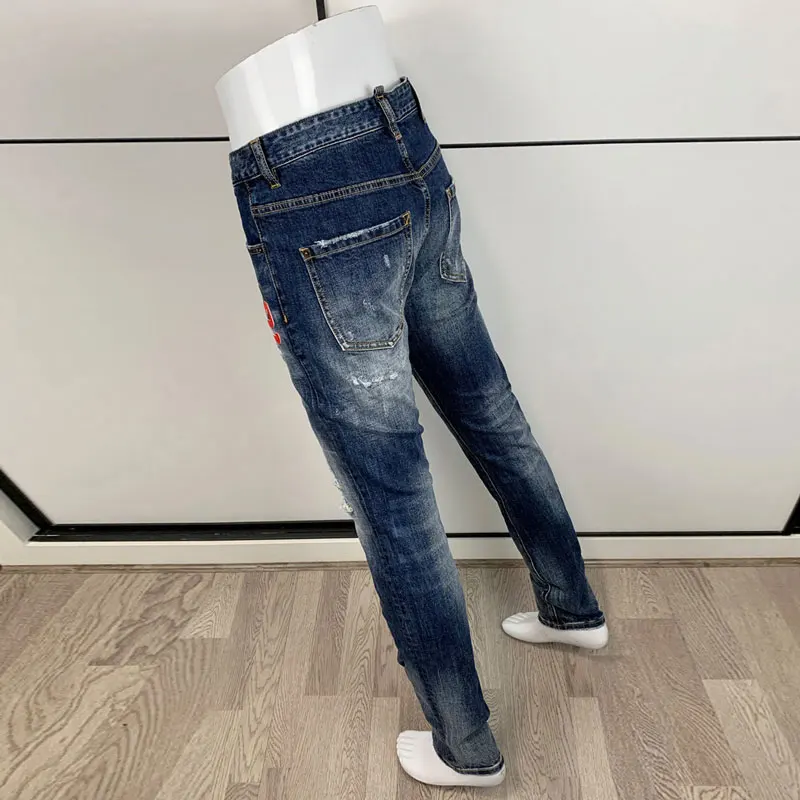 Street Fashion Men Jeans High Quality Retro Blue Elastic Slim Fit Ripped Jeans Men Patch Designer Hip Hop Brand Pants Hombre