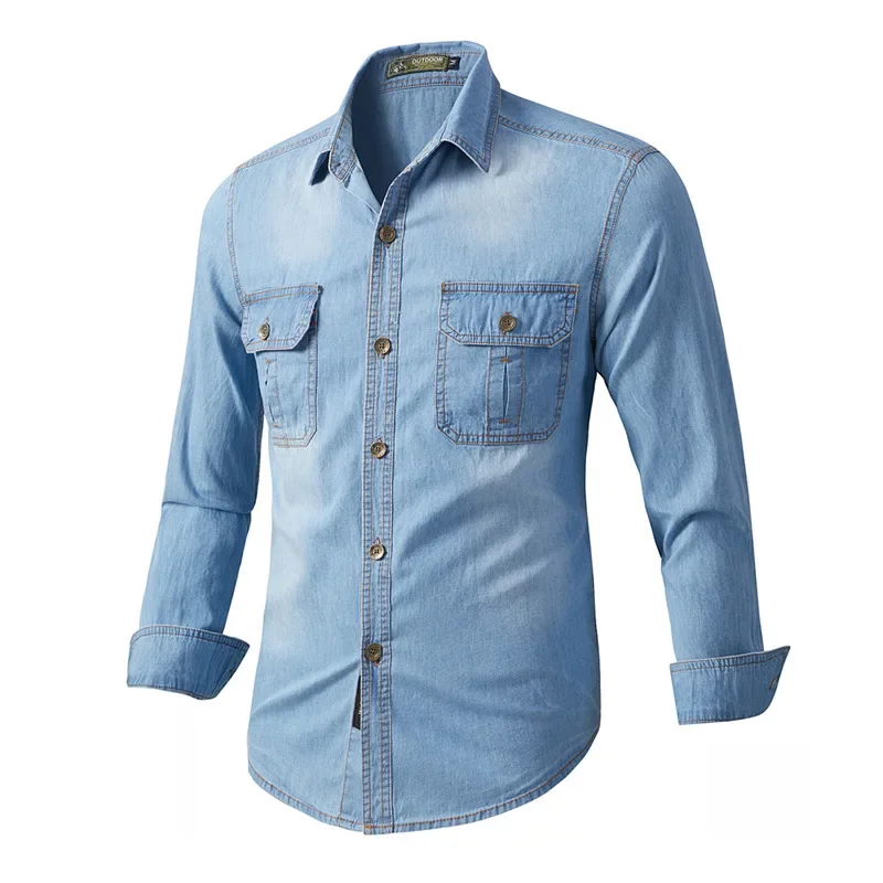 Men Denim Casual Slim Shirts Male Cotton Light Blue Multi-pocket Tooling Shirts Quality Man Large Long-sleeved Shirts Size 5XL