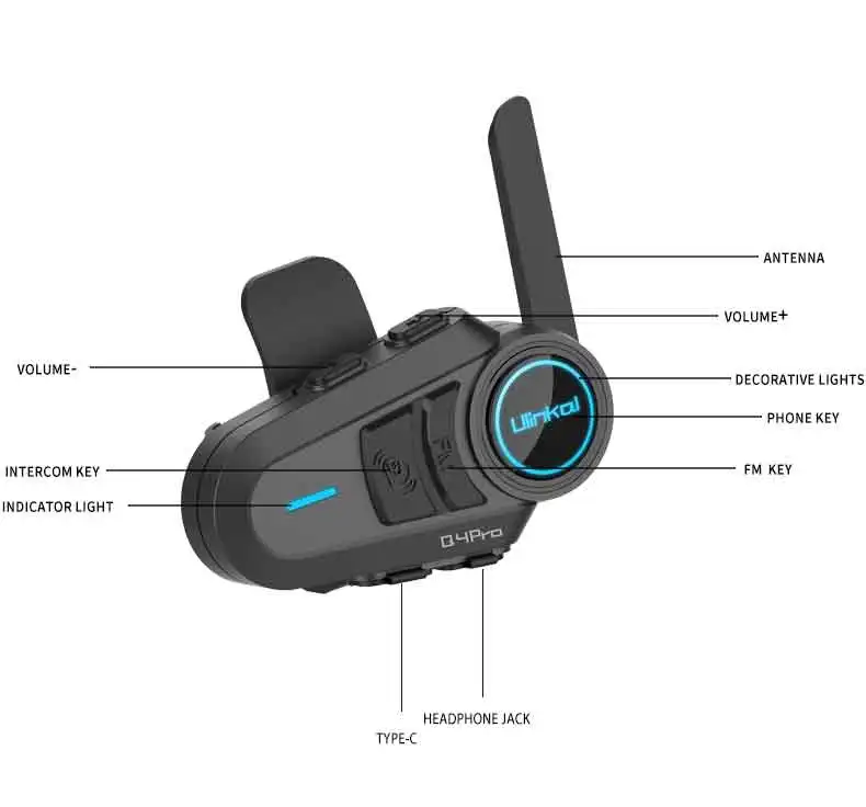 Ulinkal Original Q4pro high quality speciality Bluetooth Motorcycle with 2100M Intercom IP67Waterproof Helmet Bluetooth Earphone