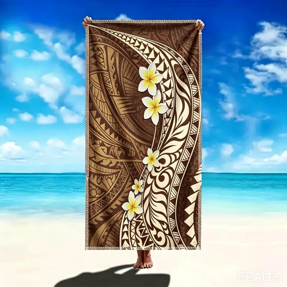 Large Tropical Frangipani Bath Towel Traditional Samoan Tattoo Print Soft Absorbent Microfiber