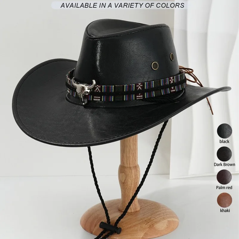 Men's and women's western cowboy , PU leather hats, metal three-dimensional bull head, colorful plaid accessories, sunshade