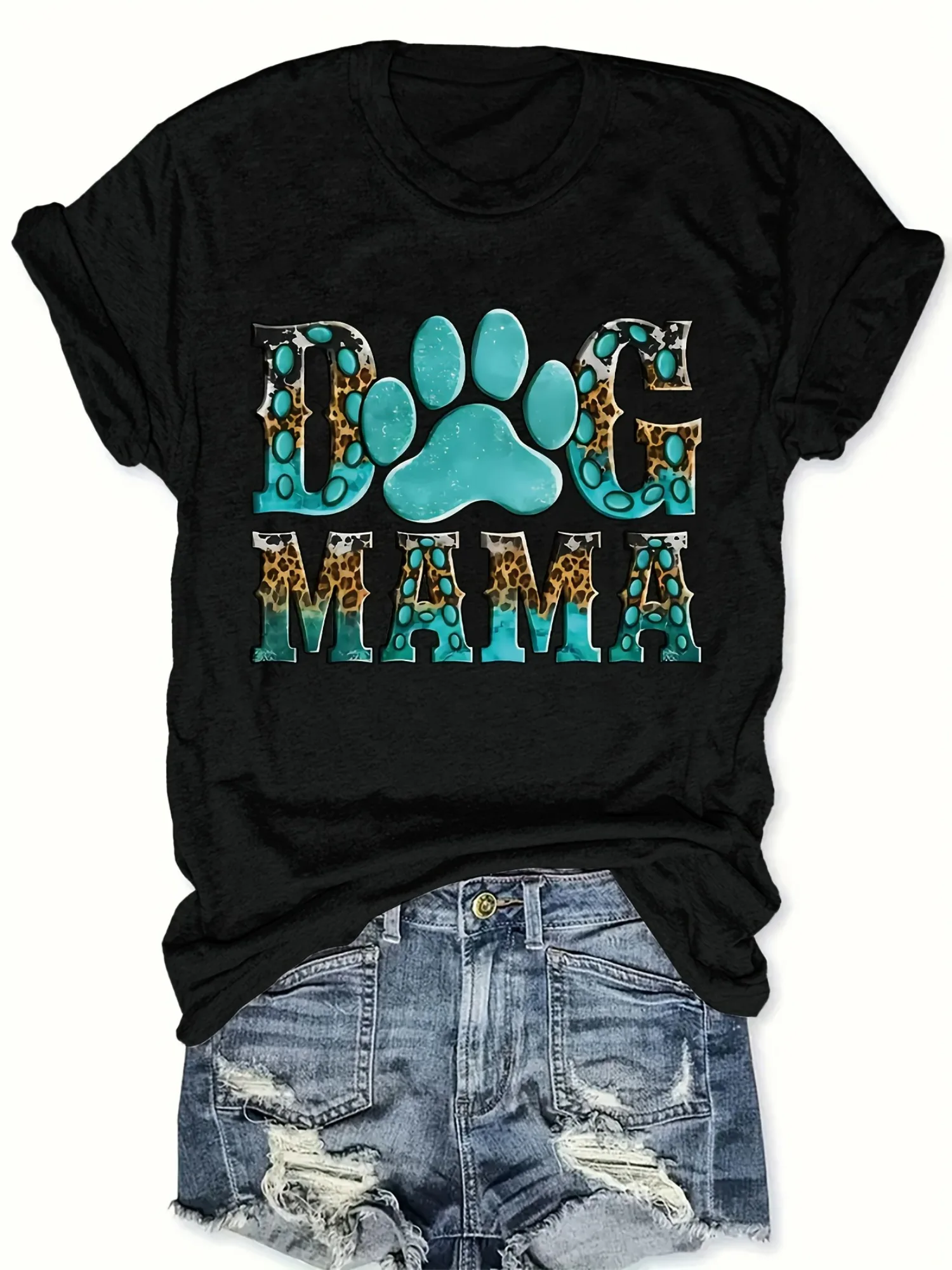 

Dog Mama Graphic Tee - Women's Casual Crew Neck Short Sleeve T-Shirt, Breathable Polyester, Machine Washable