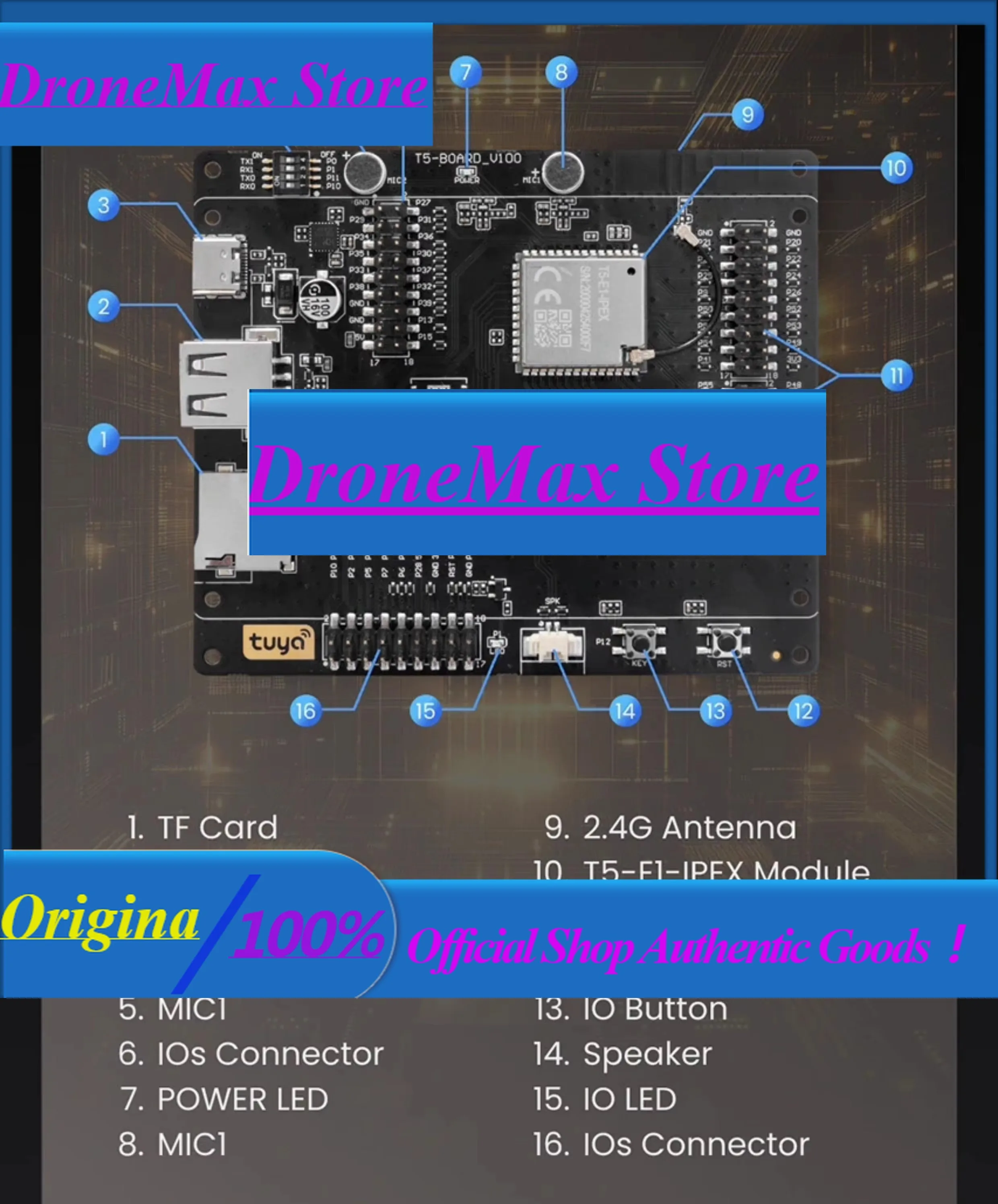 DroMaTuyaOS T5AI-Board Development Board With T5-E1-IPEX WiFi/BLE Dual Mode Module
