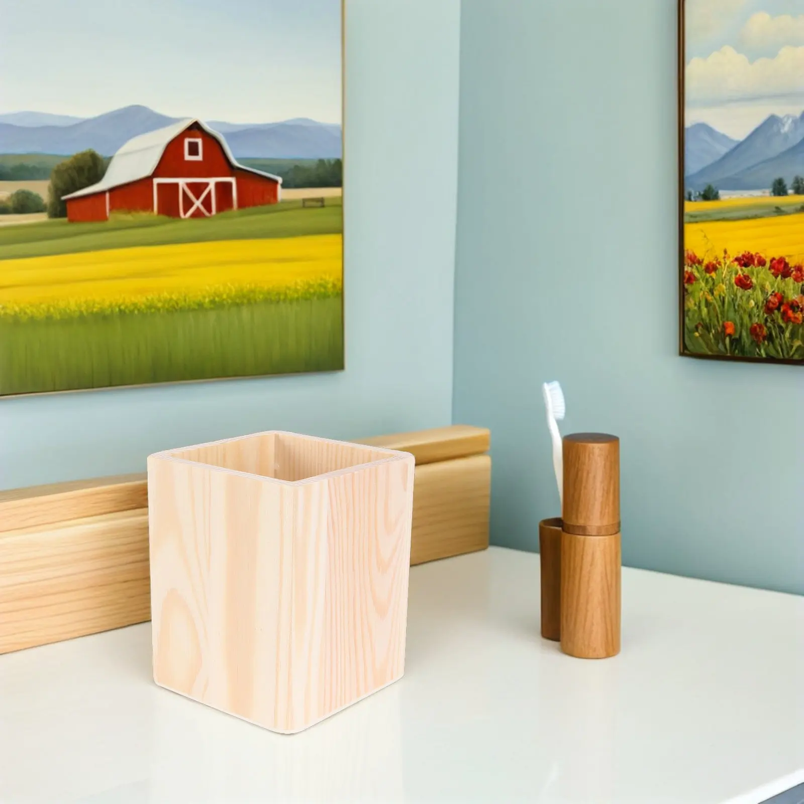 Unfinished Wood Pen Holder Cup DIY Desktop Pencil Organizer Makeup Brush Holder Office Desk Supplies Storage Rustic Table