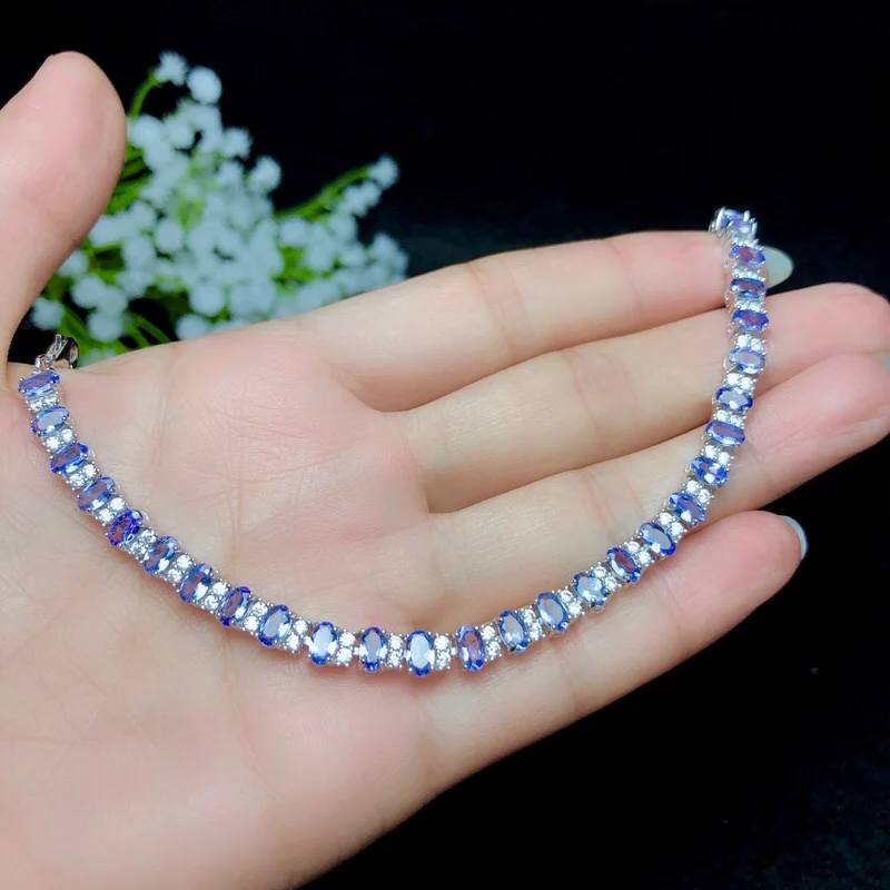 Real Silver Tanzanite Bracelet for Wedding 3 Mm * 5 Mm Natural VS Tanzanite Bracelet Solid 925 Silver Tanzanite Jewelry